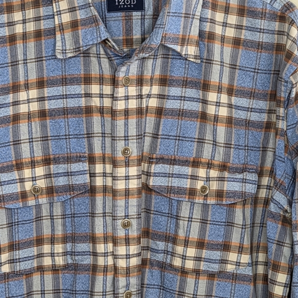 Izod | Blue Tan Cream Orange Plaid Button Up Shirt 100% Cotton Size XL - Picture 2 of 4